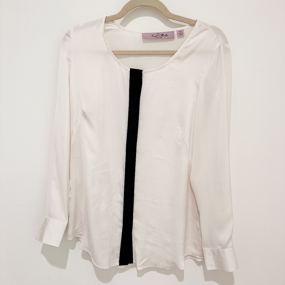 QVC the Nicole Richie Collection Black Cream Blouse Button Down Drapy Shirt XS